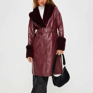 BROOKLYN FAUX LEATHER LONGLINE COAT BURGUNDY, new with tags